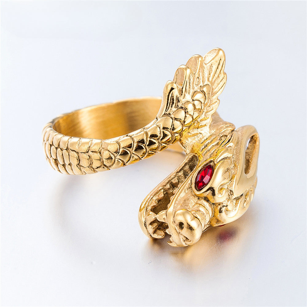 Red Eye Zircon Golden Chinese Dragon Titanium Steel Ring for Men