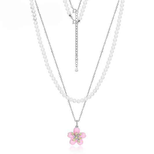 Pink Enamel Cherry Blossom Pearl Chain Double Layers Sterling Silver Necklace