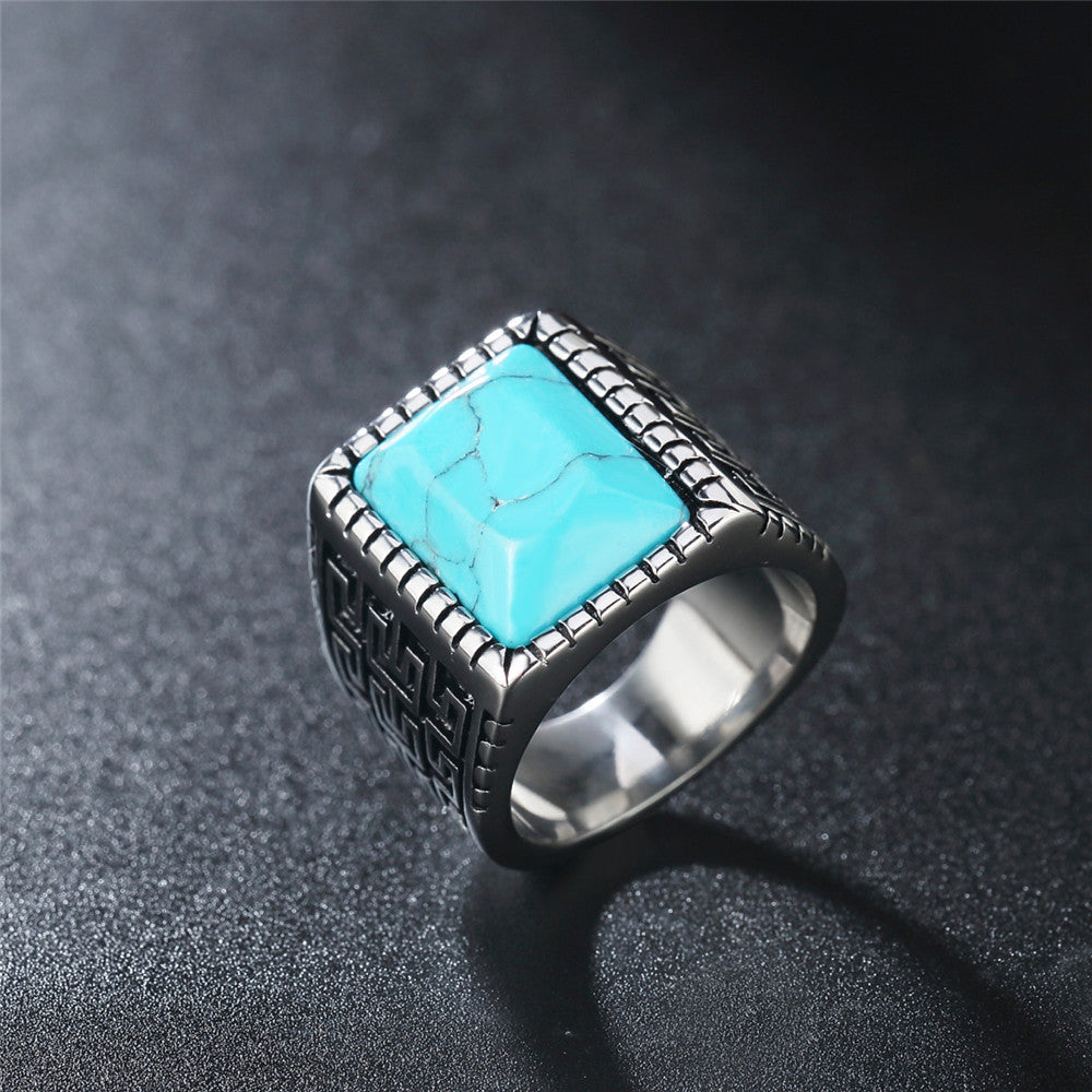 Titanium Steel Ring Great Wall Pattern Blue Turquoise For Men And Unisex Protection Statement Planderful Everyday Genie