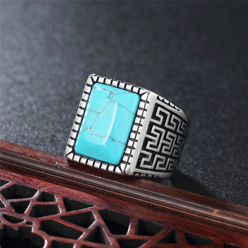 Titanium Steel Ring Great Wall Pattern Blue Turquoise For Men And Unisex Protection Statement Planderful Everyday Genie