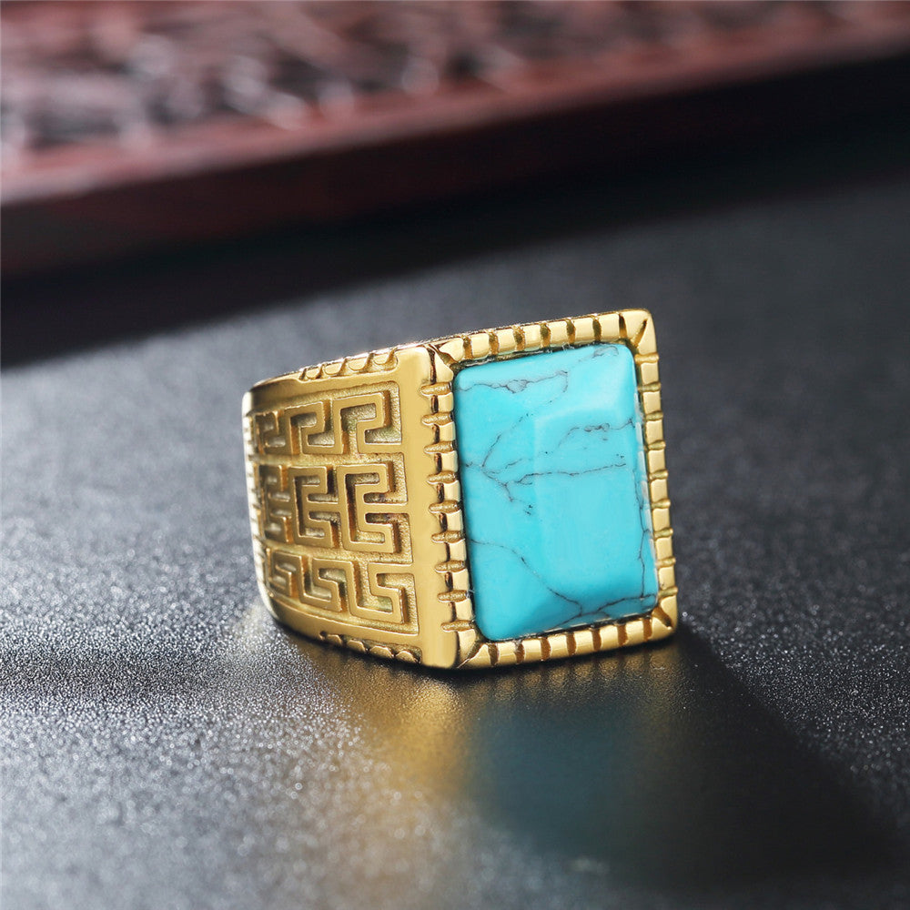 Titanium Steel Ring Great Wall Pattern Blue Turquoise For Men And Unisex Protection Statement Planderful Everyday Genie