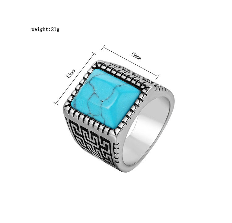 Titanium Steel Ring Great Wall Pattern Blue Turquoise For Men And Unisex Protection Statement Planderful Everyday Genie