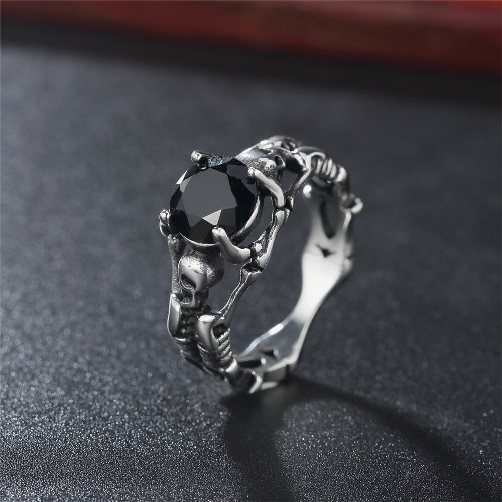 Halloween Skeleton Round Zircon Titanium Steel Ring for Men
