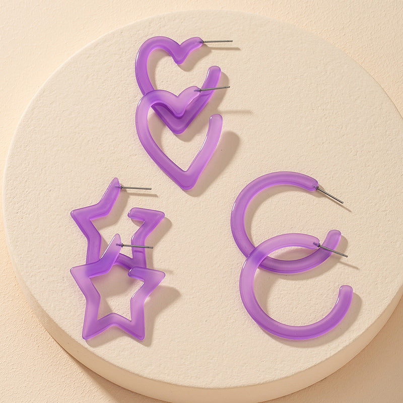 Purple Acrylic Geometric C-Shaped Earrings Set with Star Love Design