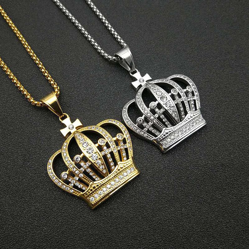 Planderful Crown Pendant Necklace Titanium Steel Gold Plated Zircon For Hip Hop Fans