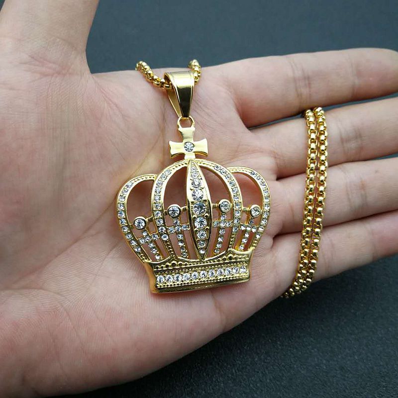 Planderful Crown Pendant Necklace Titanium Steel Gold Plated Zircon For Hip Hop Fans