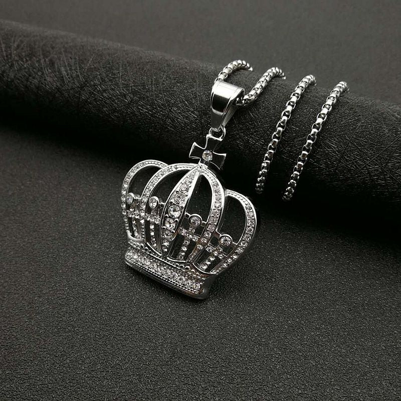 Planderful Crown Pendant Necklace Titanium Steel Gold Plated Zircon For Hip Hop Fans