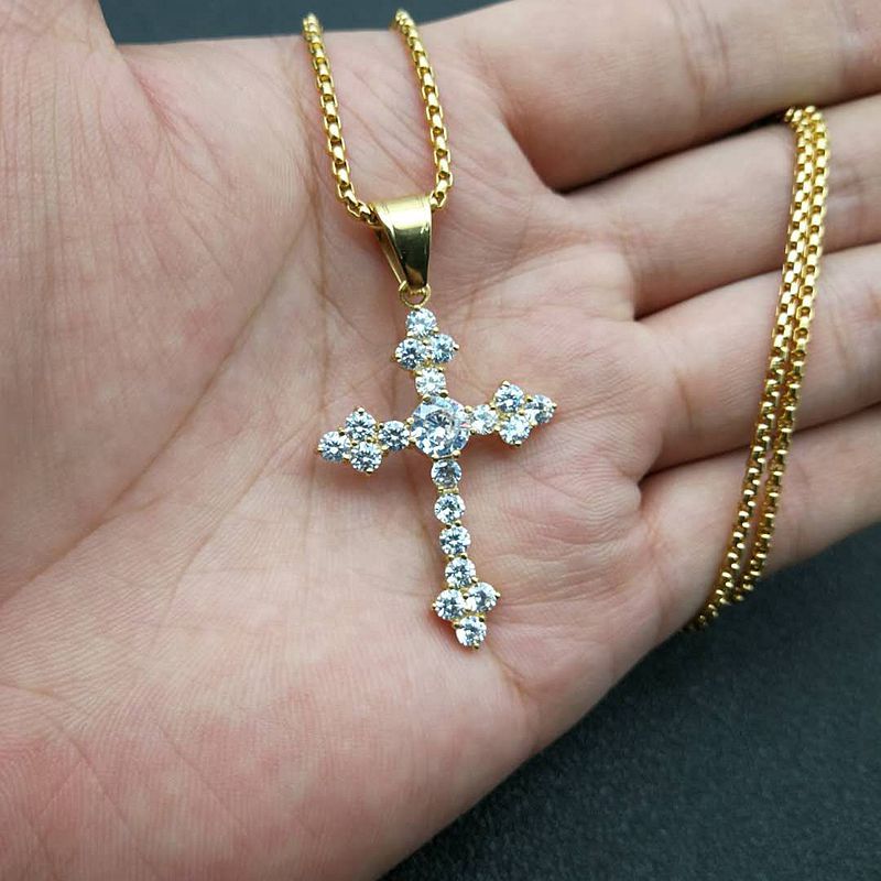 Planderful Everyday Genie Hip Hop Jewelry Titanium Steel Gold Plated Zircon Cross Pendant Necklace For Men And Women