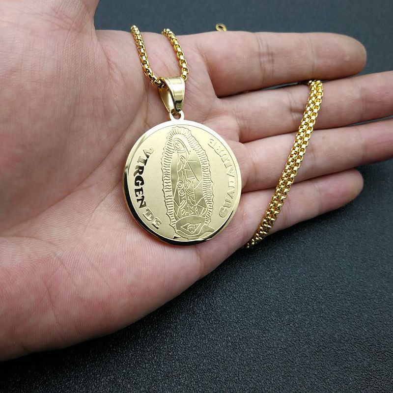 Planderful Virgin Pendant Necklace Double Sided Gold Plated Steel Color Preserving Religious Jewelry For Women