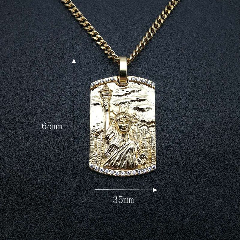 Planderful Statue of Liberty Pendant Necklace Titanium Steel Gold Plated Zircon for Hip Hop Fans Europe US