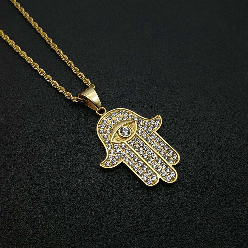 Planderful Hip Hop Necklace With Fatima Hand Pendant In Titanium Steel Gold Plated Zircon For Urban Fashion Fans