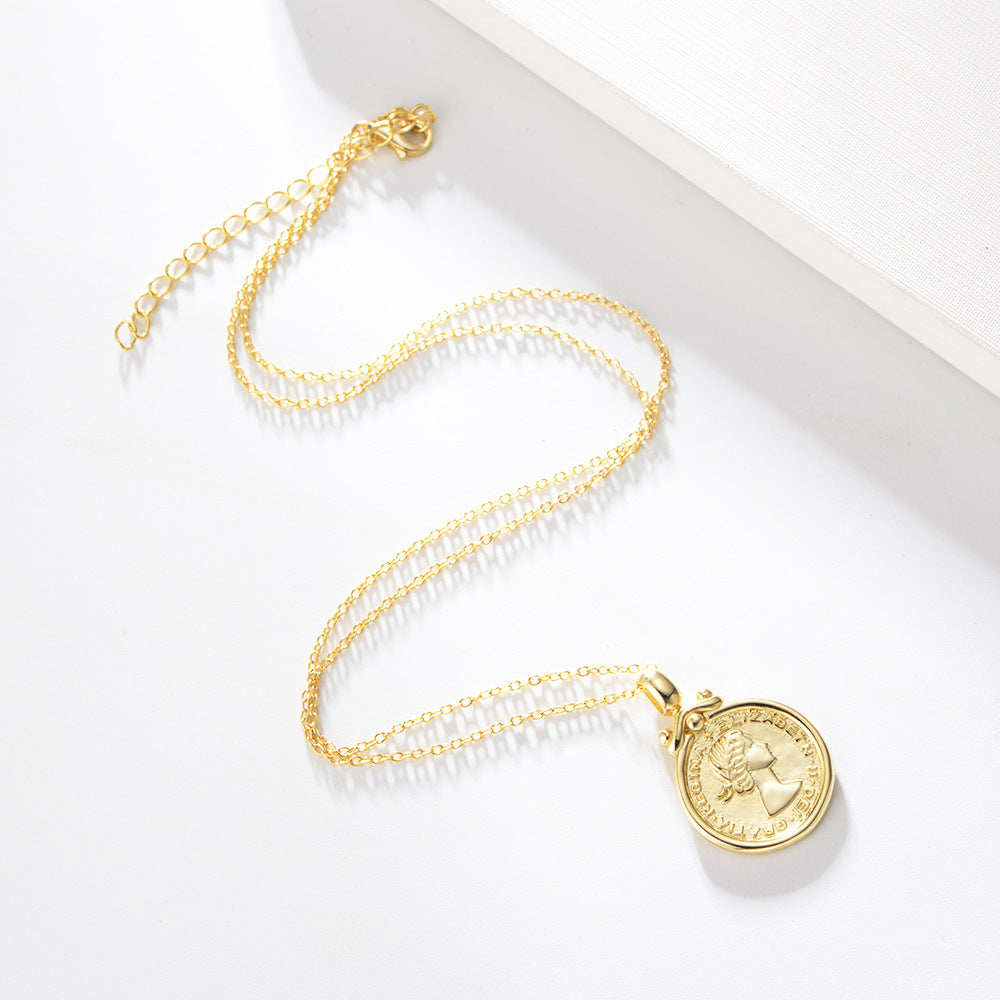 S925 Sterling Silver Elizabeth Portrait Coin Relief Necklace, Style Pendant