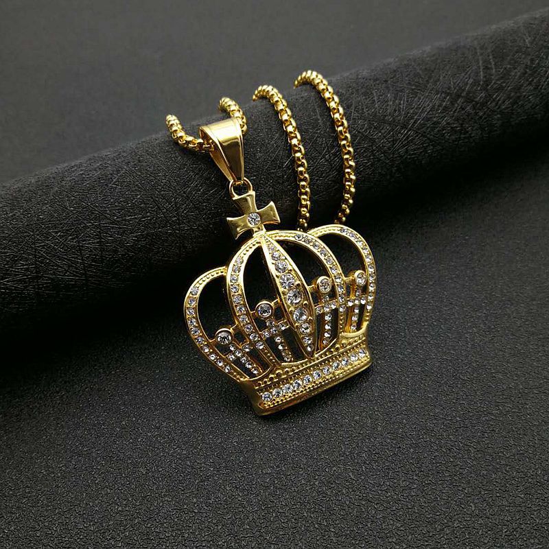 Planderful Crown Pendant Necklace Titanium Steel Gold Plated Zircon For Hip Hop Fans