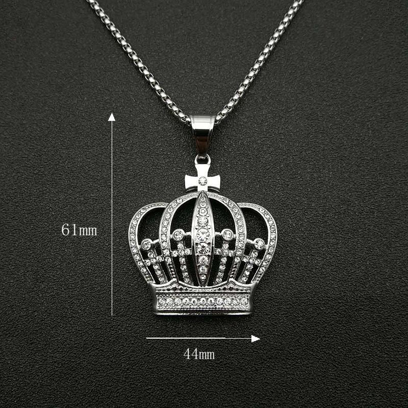 Planderful Crown Pendant Necklace Titanium Steel Gold Plated Zircon For Hip Hop Fans