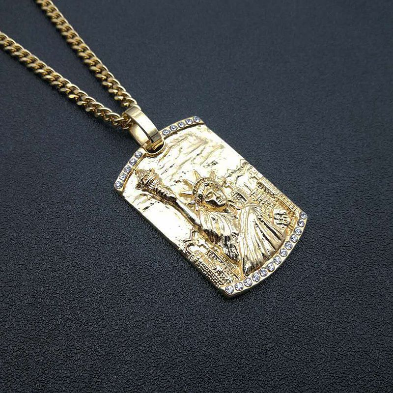 Planderful Statue of Liberty Pendant Necklace Titanium Steel Gold Plated Zircon for Hip Hop Fans Europe US
