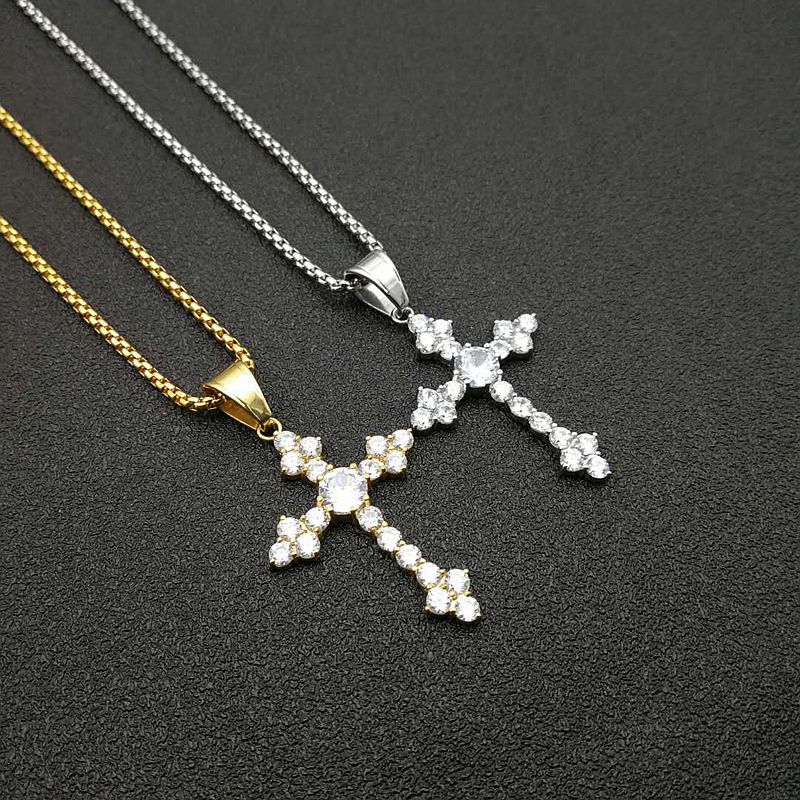 Planderful Everyday Genie Hip Hop Jewelry Titanium Steel Gold Plated Zircon Cross Pendant Necklace For Men And Women