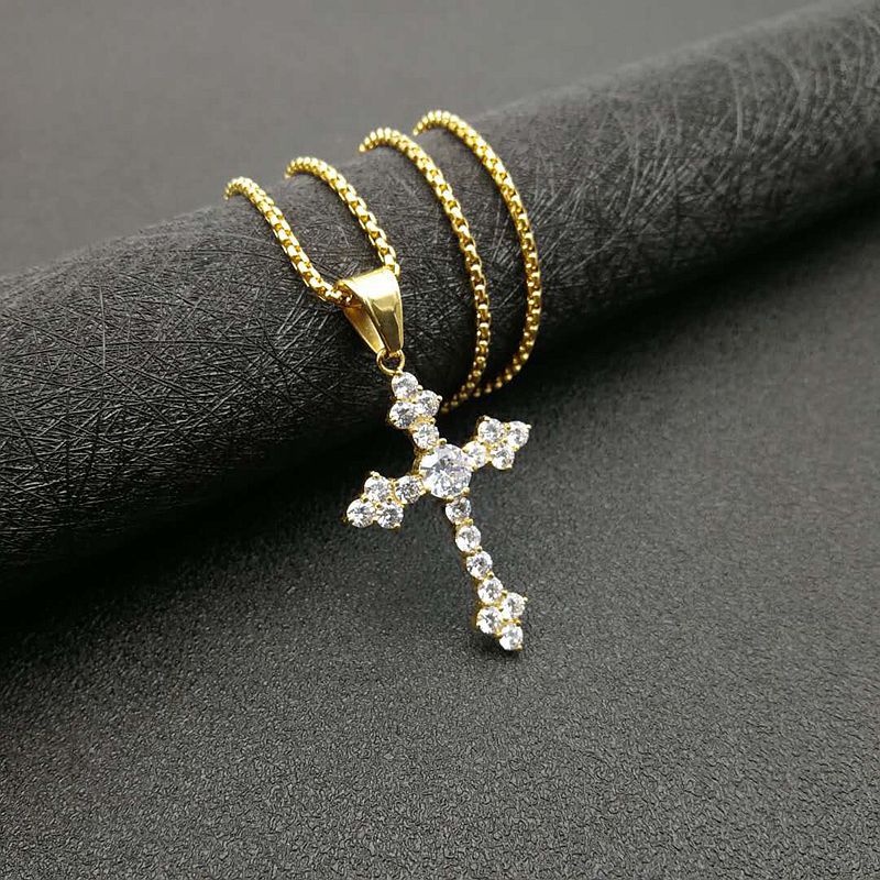 Planderful Everyday Genie Hip Hop Jewelry Titanium Steel Gold Plated Zircon Cross Pendant Necklace For Men And Women