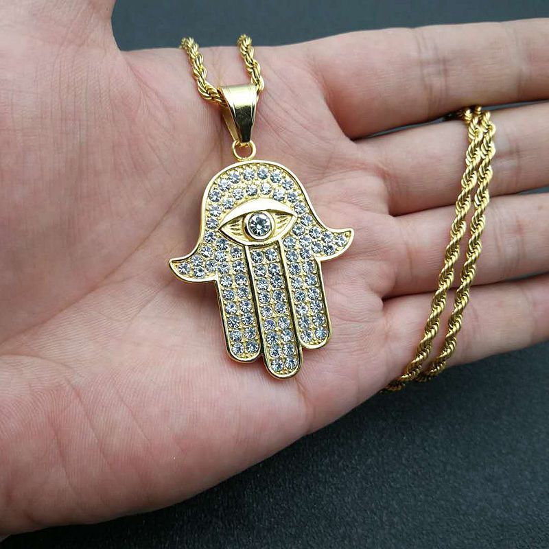Planderful Hip Hop Necklace With Fatima Hand Pendant In Titanium Steel Gold Plated Zircon For Urban Fashion Fans
