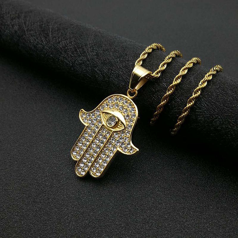 Planderful Hip Hop Necklace With Fatima Hand Pendant In Titanium Steel Gold Plated Zircon For Urban Fashion Fans