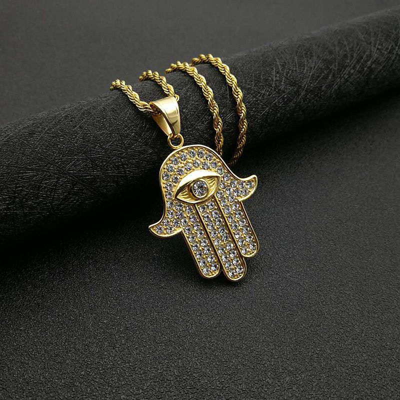 Planderful Hip Hop Necklace With Fatima Hand Pendant In Titanium Steel Gold Plated Zircon For Urban Fashion Fans