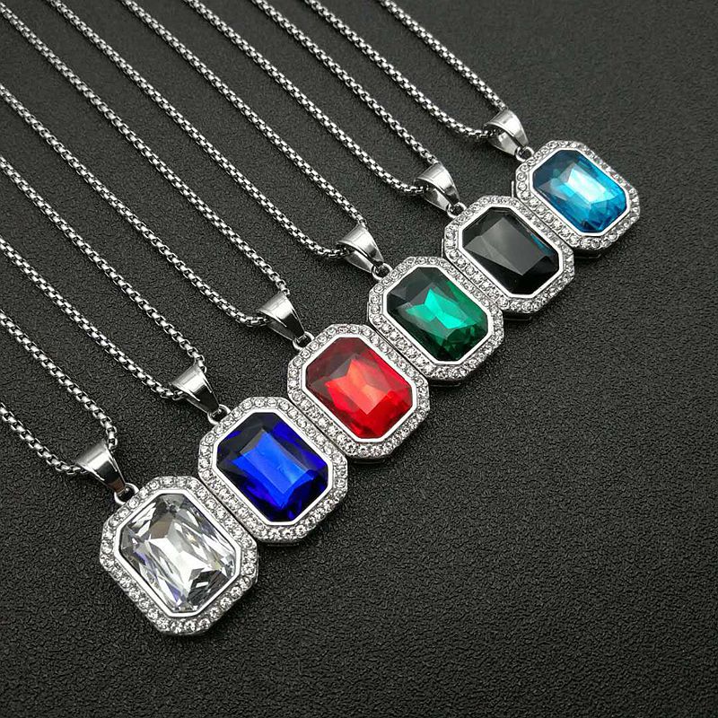 Planderful Hip Hop Necklace Gold Plated Titanium Steel Rectangular Zircon Pendant For Men And Women