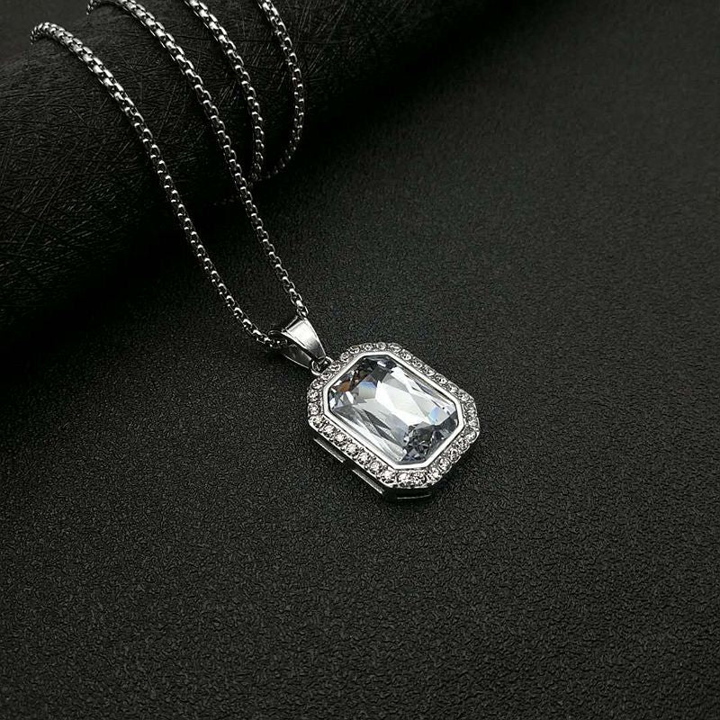 Planderful Hip Hop Necklace Gold Plated Titanium Steel Rectangular Zircon Pendant For Men And Women