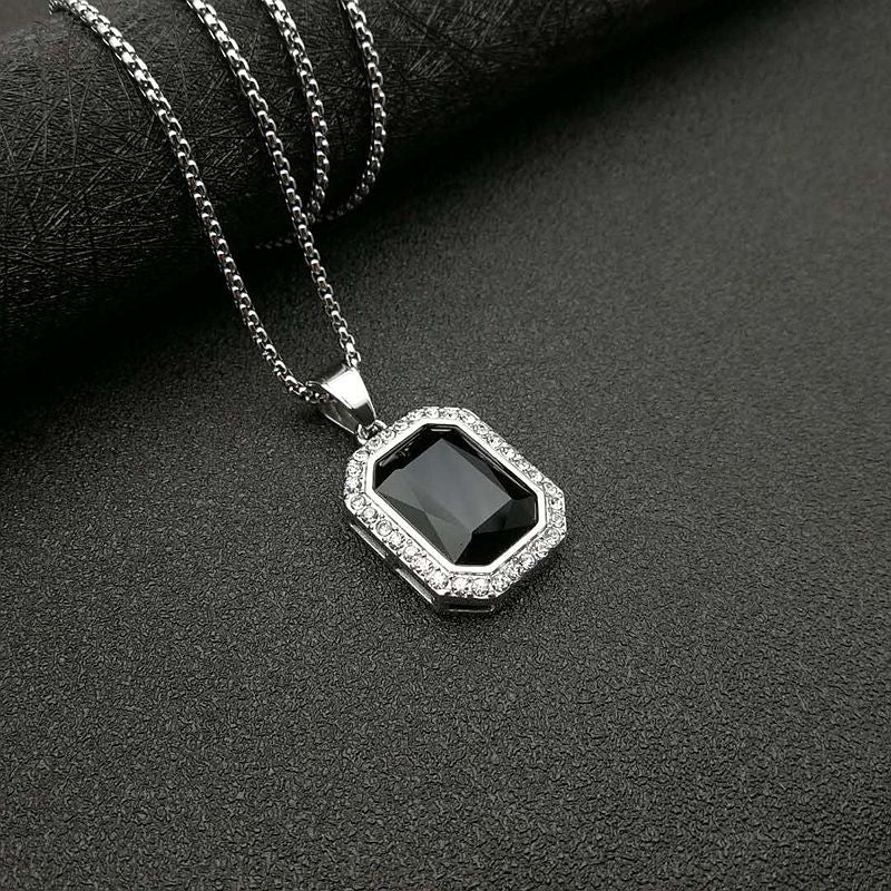 Planderful Hip Hop Necklace Gold Plated Titanium Steel Rectangular Zircon Pendant For Men And Women