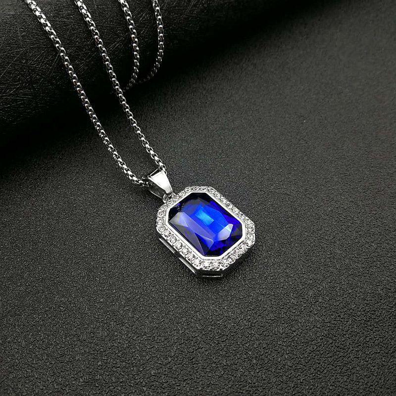 Planderful Hip Hop Necklace Gold Plated Titanium Steel Rectangular Zircon Pendant For Men And Women