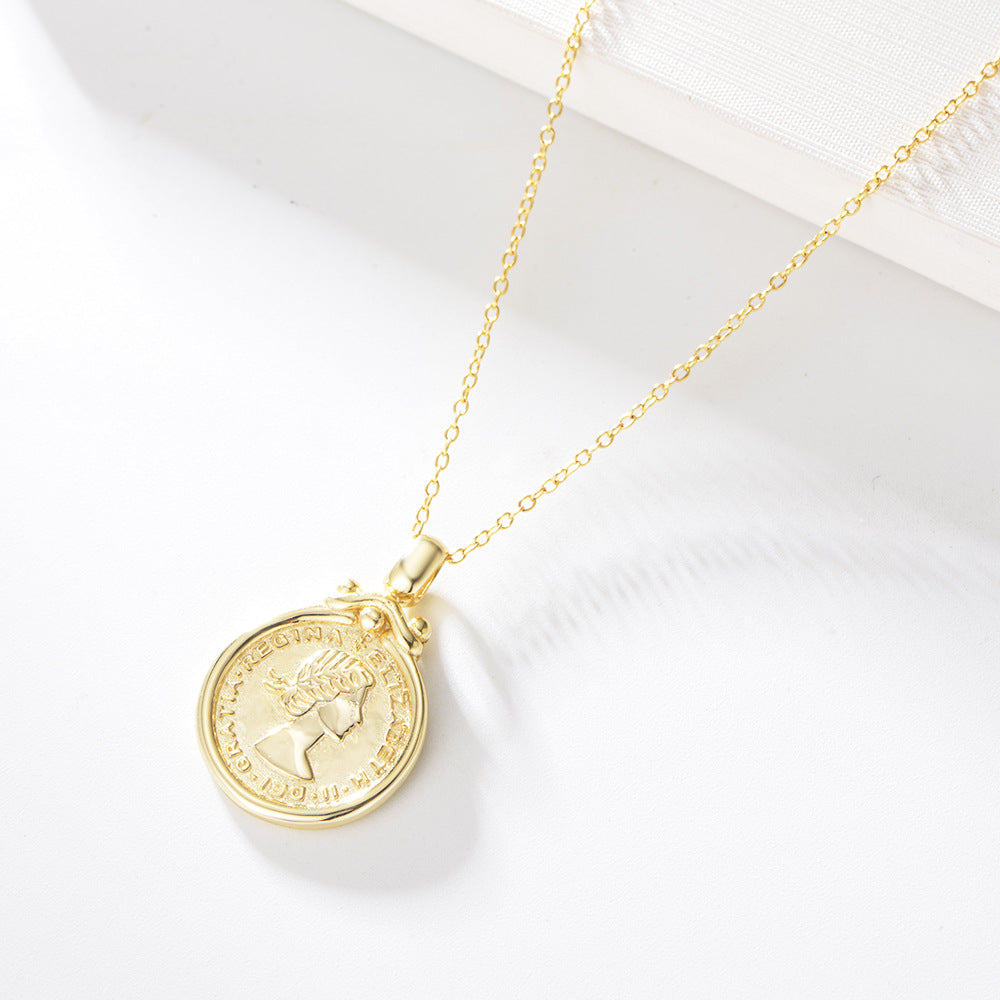 S925 Sterling Silver Elizabeth Portrait Coin Relief Necklace, Style Pendant