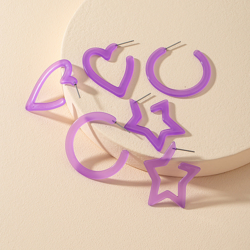 Purple Acrylic Geometric C-Shaped Earrings Set with Star Love Design