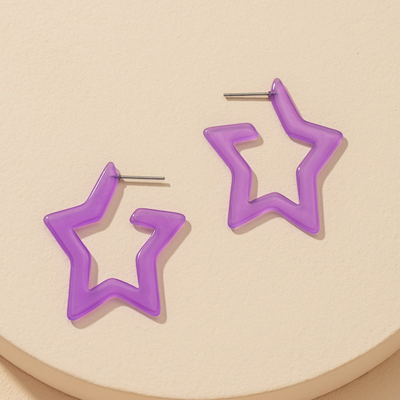 Purple Acrylic Geometric C-Shaped Earrings Set with Star Love Design