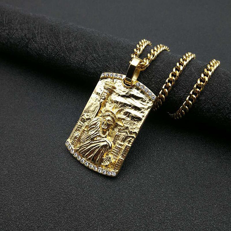 Planderful Statue of Liberty Pendant Necklace Titanium Steel Gold Plated Zircon for Hip Hop Fans Europe US