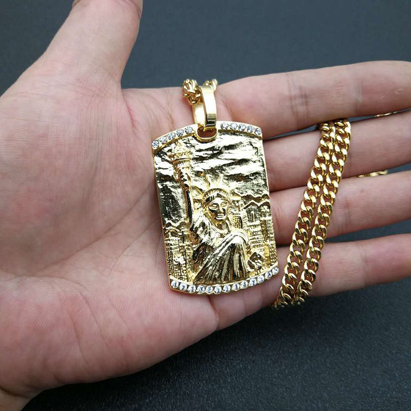 Planderful Statue of Liberty Pendant Necklace Titanium Steel Gold Plated Zircon for Hip Hop Fans Europe US