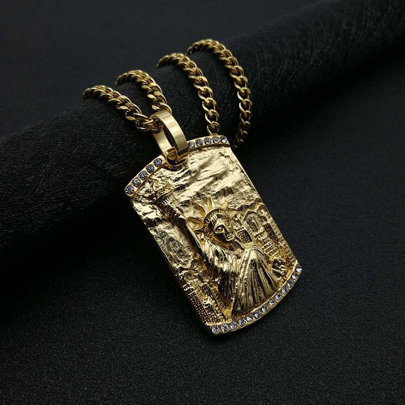 Planderful Statue of Liberty Pendant Necklace Titanium Steel Gold Plated Zircon for Hip Hop Fans Europe US