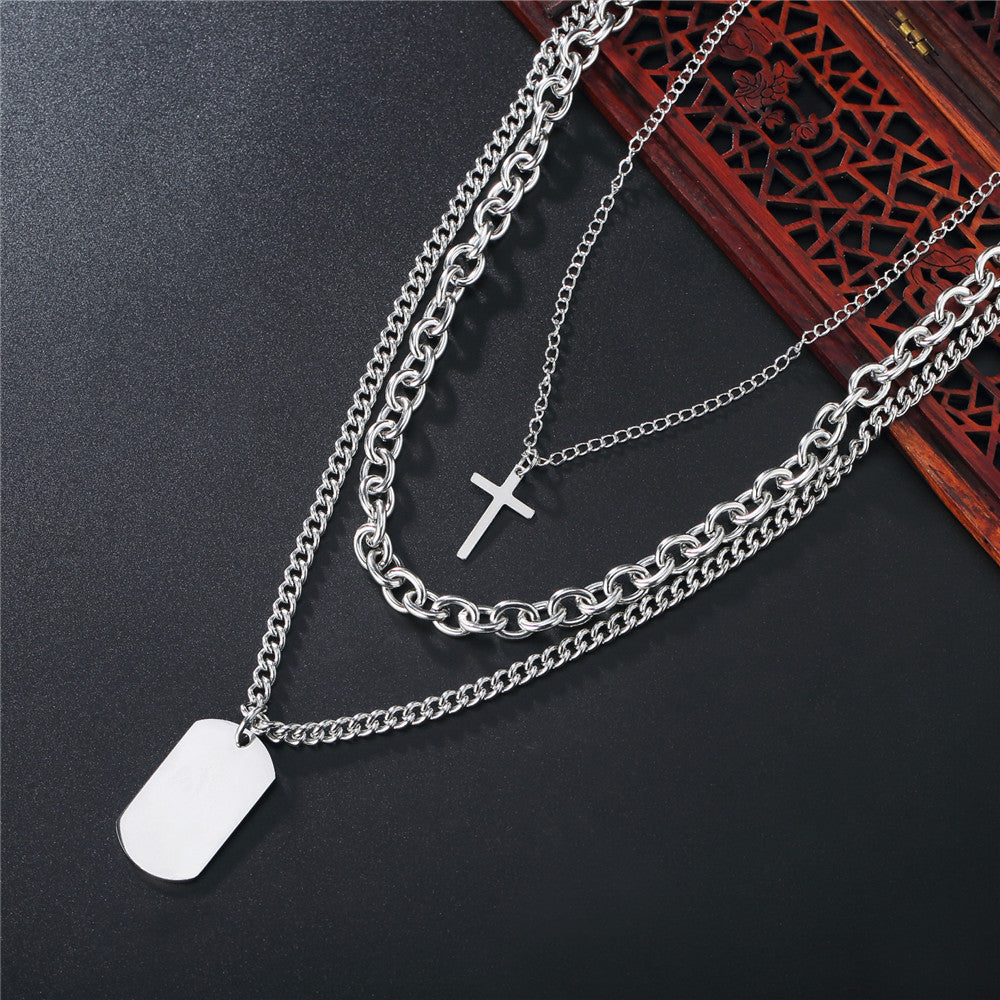 Planderful Stainless Steel Necklace Unisex Multilayer Cross Pendant Long Statement Jewelry