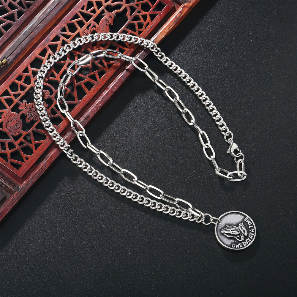 Planderful Double Hand Prayer Rock Necklace Stainless Steel Unisex Protection Pendant