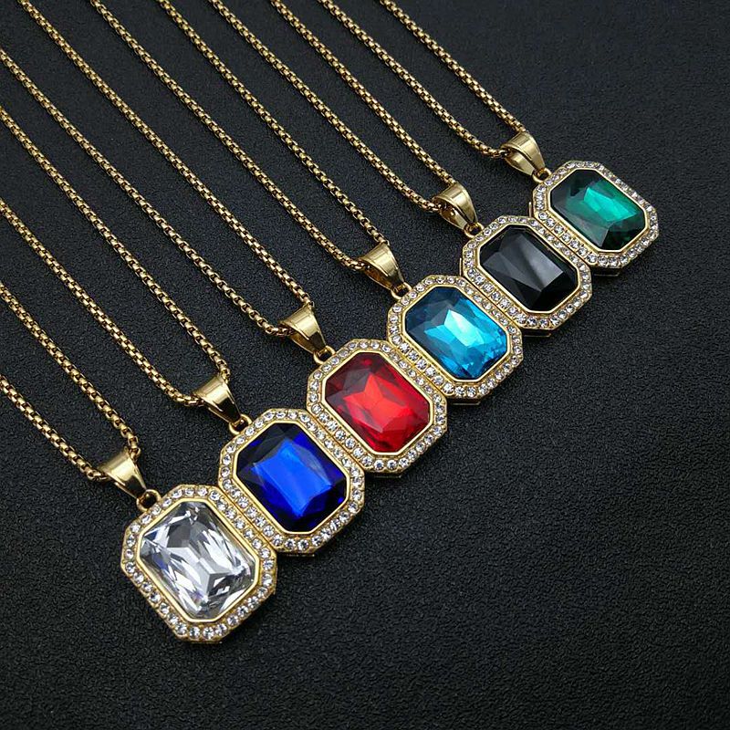 Planderful Hip Hop Necklace Gold Plated Titanium Steel Rectangular Zircon Pendant For Men And Women