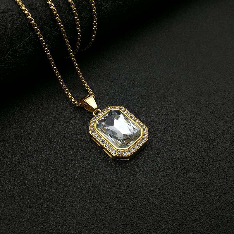 Planderful Hip Hop Necklace Gold Plated Titanium Steel Rectangular Zircon Pendant For Men And Women