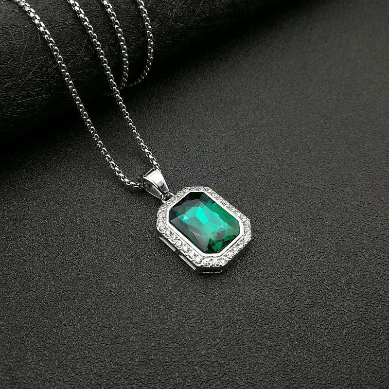 Planderful Hip Hop Necklace Gold Plated Titanium Steel Rectangular Zircon Pendant For Men And Women