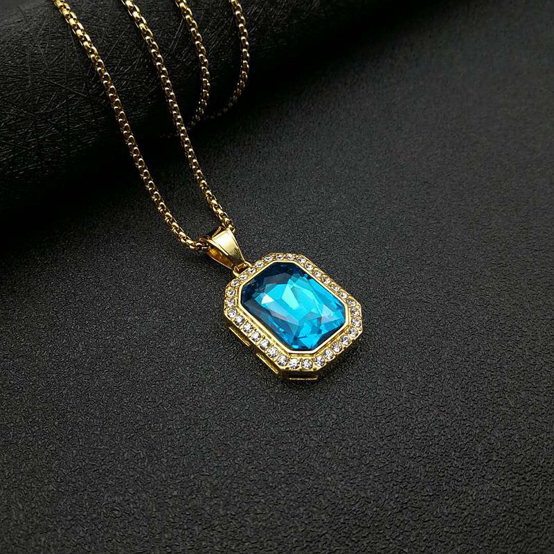 Planderful Hip Hop Necklace Gold Plated Titanium Steel Rectangular Zircon Pendant For Men And Women