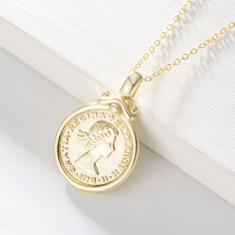 S925 Sterling Silver Elizabeth Portrait Coin Relief Necklace, Style Pendant