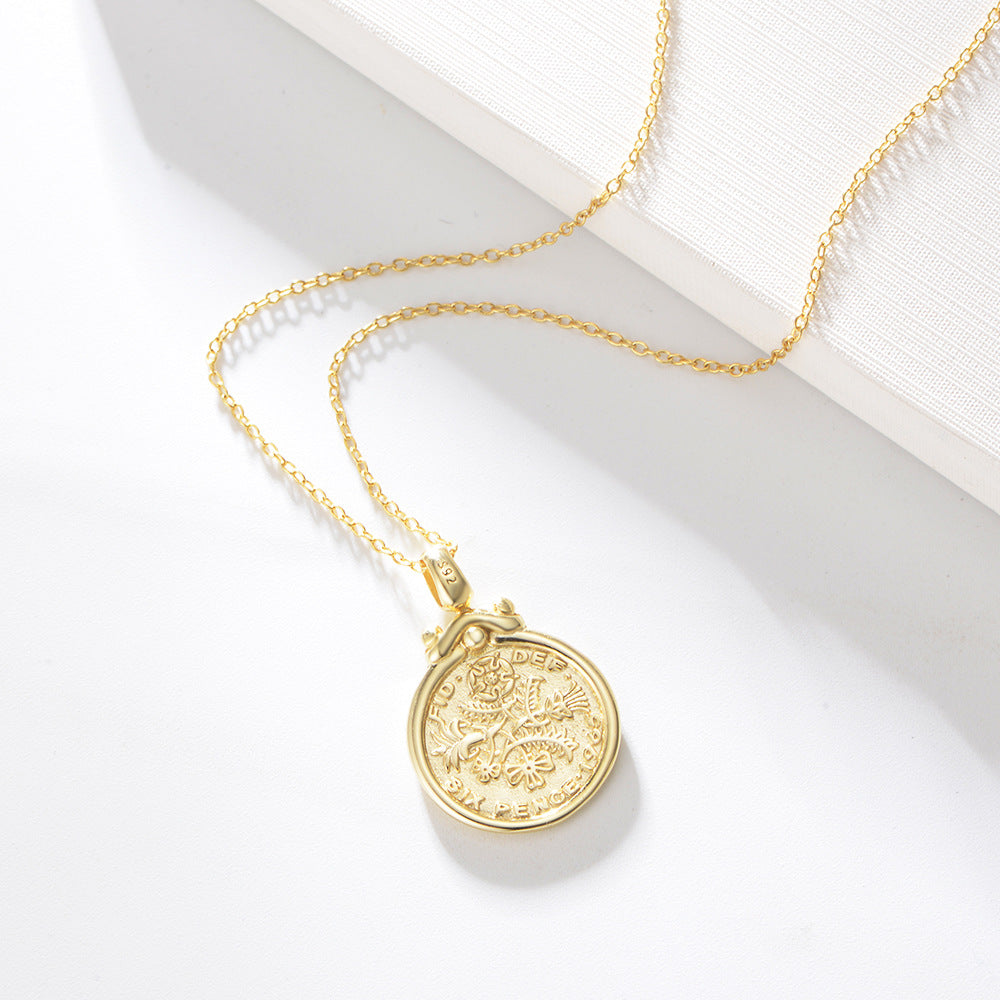 S925 Sterling Silver Elizabeth Portrait Coin Relief Necklace, Style Pendant