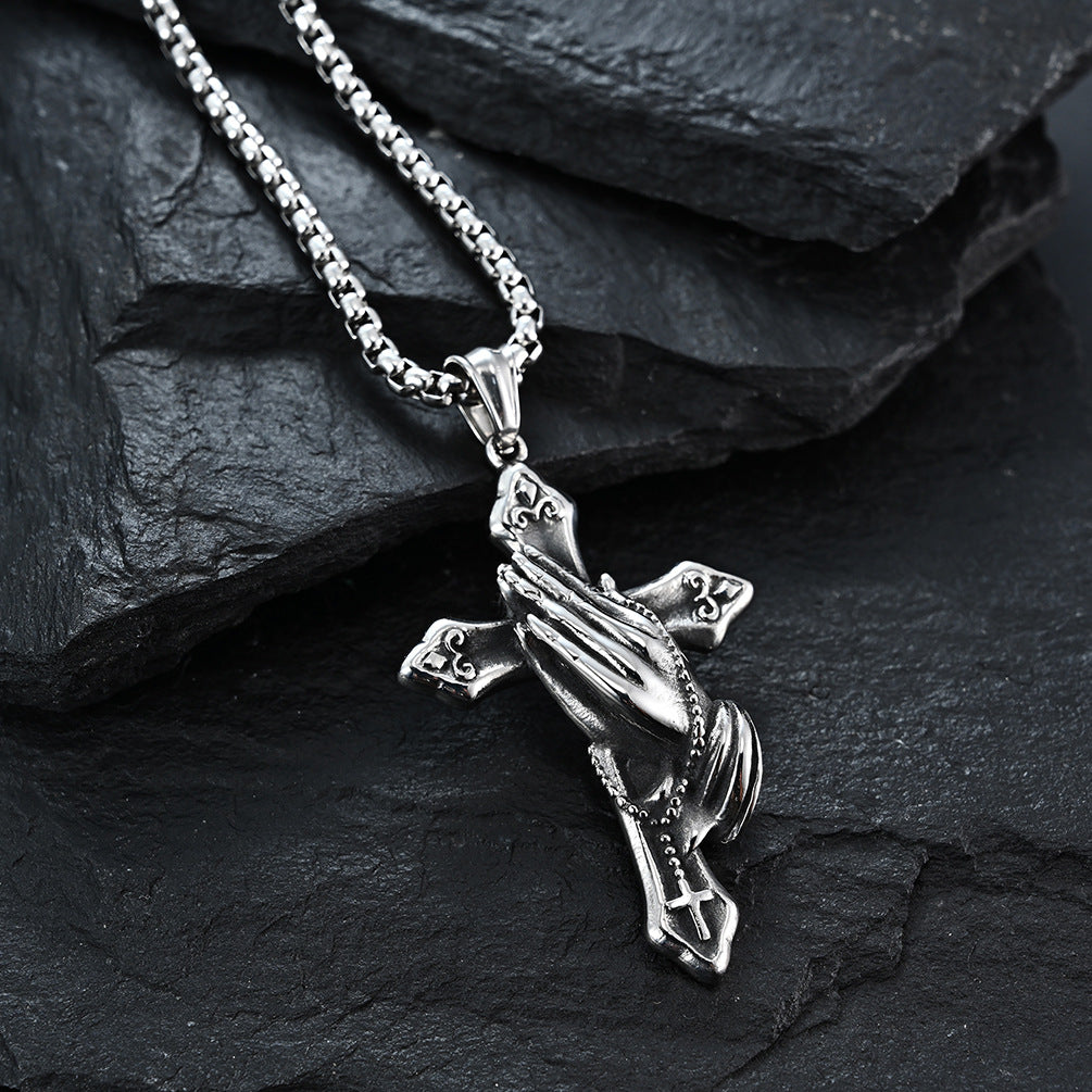 Planderful Retro Prayer Hand Cross Pendant Necklace Does Not Fade Titanium Steel Jewelry For Trendsetters
