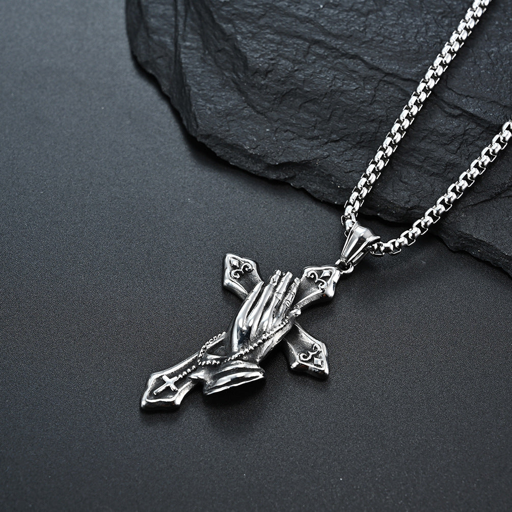 Planderful Retro Prayer Hand Cross Pendant Necklace Does Not Fade Titanium Steel Jewelry For Trendsetters