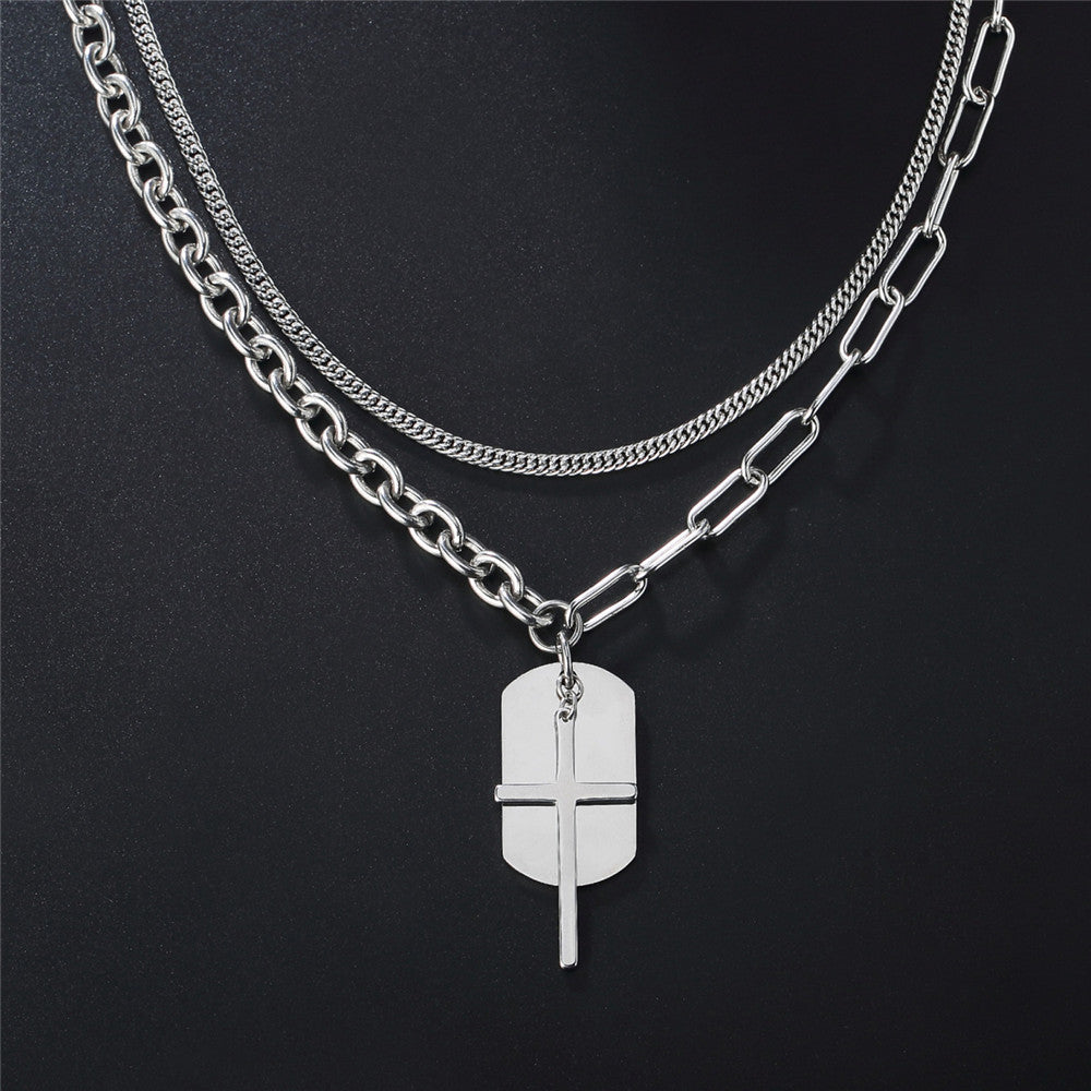 Planderful Punk Cross Necklace Stainless Steel Multi Layer Domineering Protection Statement Unisex
