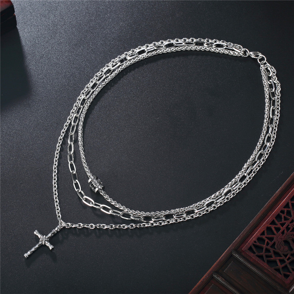 Planderful Punk Cross Necklace For Unisex Multi Layer Retro Rock Steel Pendant Bold Statement