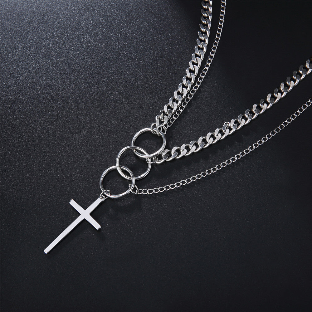 Planderful Titanium Steel Double Cross Necklace For Unisex Long Statement Pendant Durable Stainless Jewelry