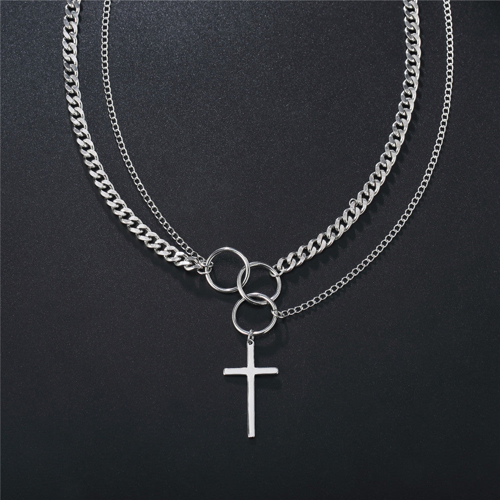 Planderful Titanium Steel Double Cross Necklace For Unisex Long Statement Pendant Durable Stainless Jewelry