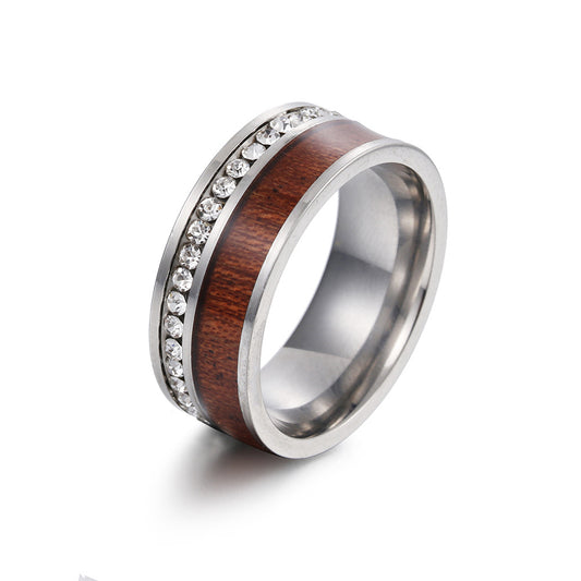 Exquisite Acacia Wood Grain Zircon Couple Rings - European Style Crafted Steel Rings for Men - Size 6-13