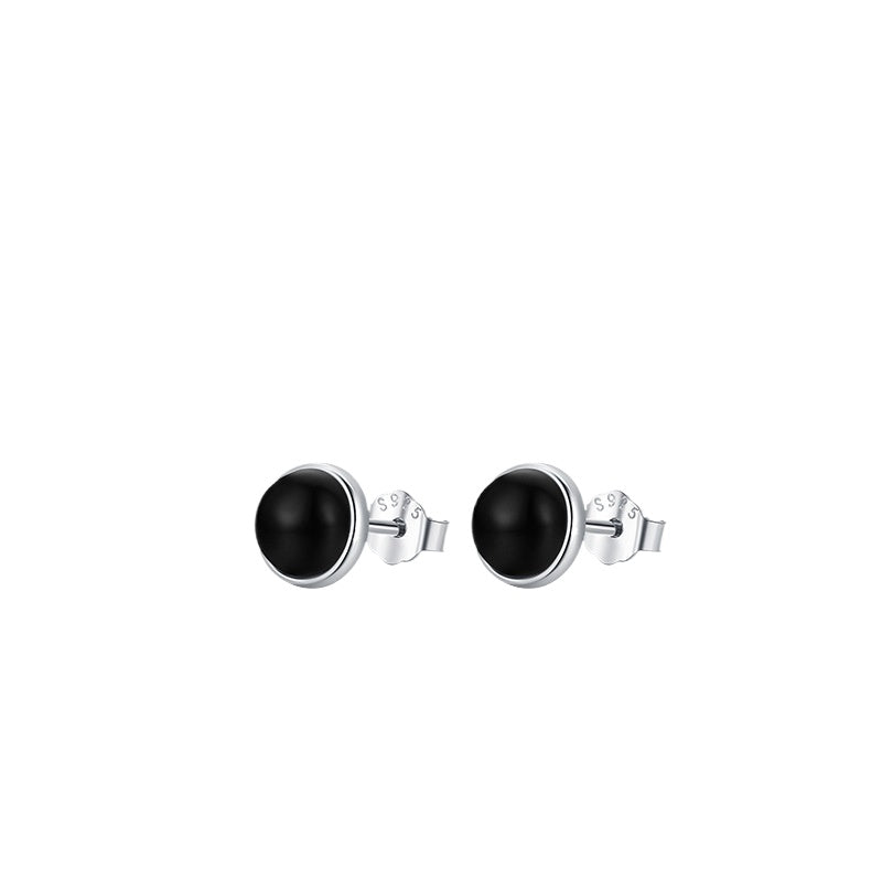 925 Sterling Silver Black Black Agate Stud Earrings